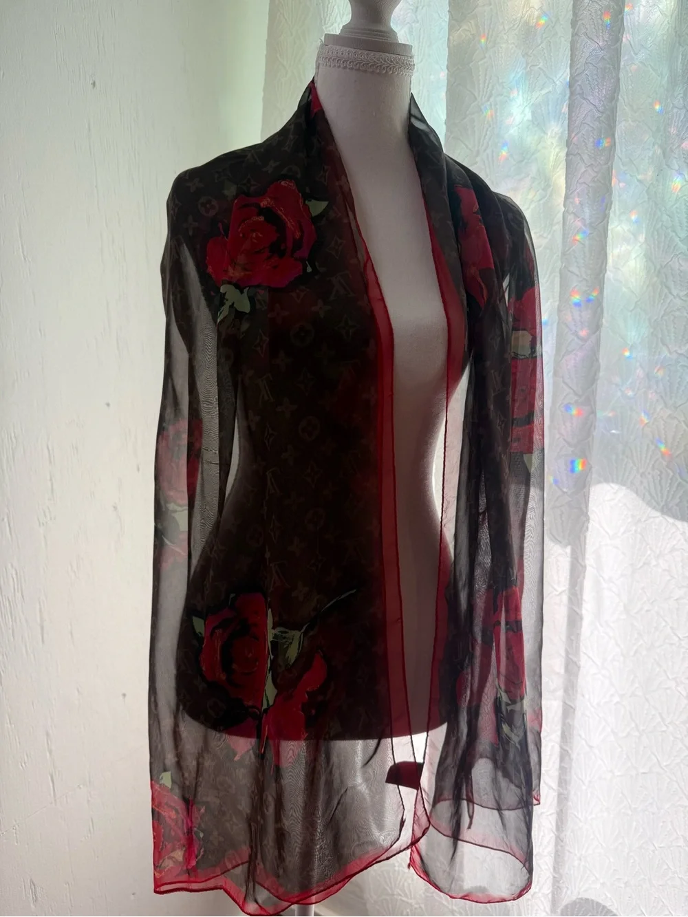 Louis Vuitton Brown Scarf with Red Rose Print